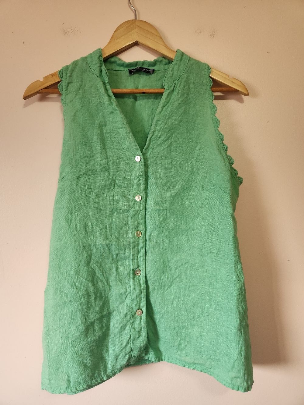 Francesca Bettini Green Sleeveless 100% Linen Blouse Shell Button Down Sz M EUC